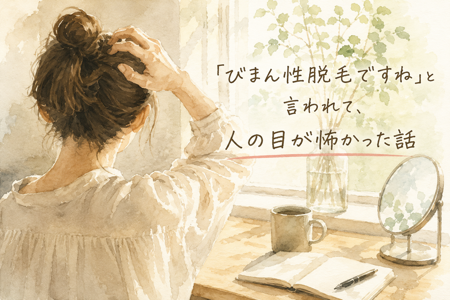 びまん性脱毛ですねと言われて、人の目が怖かった話——髪をまとめる女性の後ろ姿