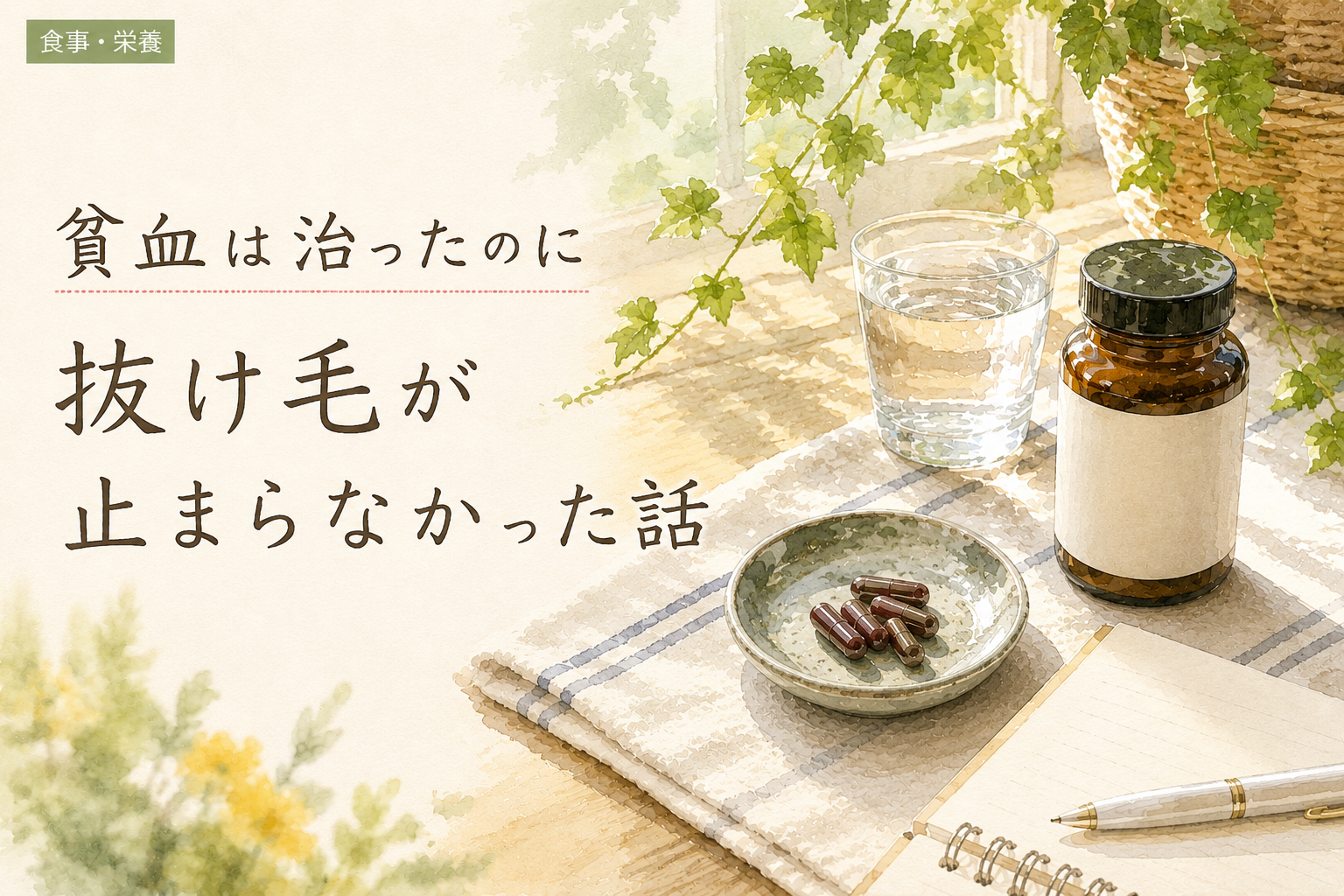 貧血は治ったのに抜け毛が止まらなかった話——フェリチン鉄サプリと水のある窓辺