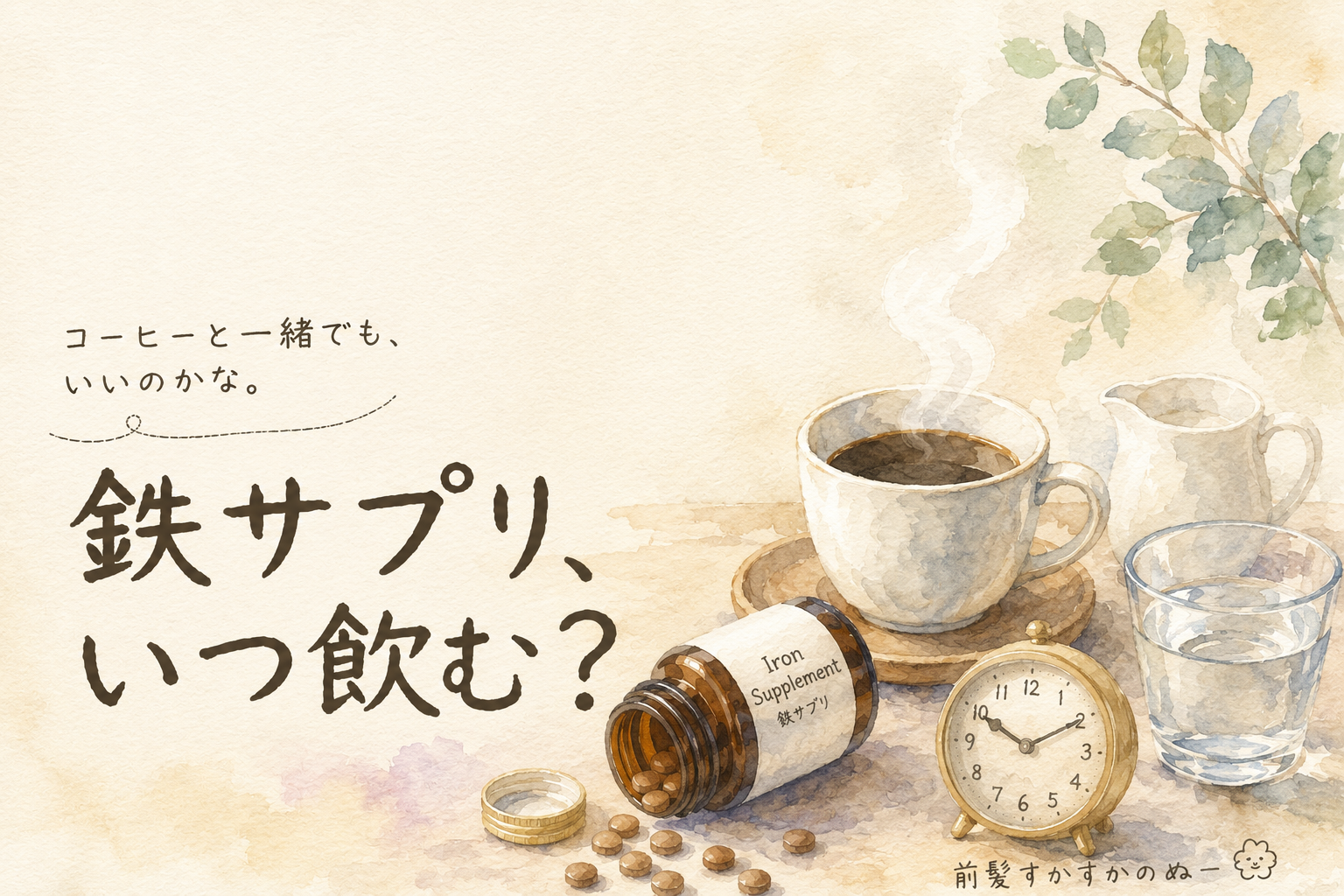 鉄サプリのボトルとコーヒーカップ、ミルクピッチャー、水、置き時計の水彩イラスト